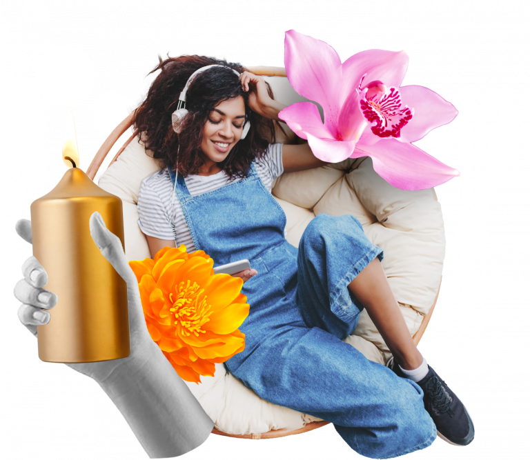 collage of woman sitting in a comfy chair with added flowers and scented candles