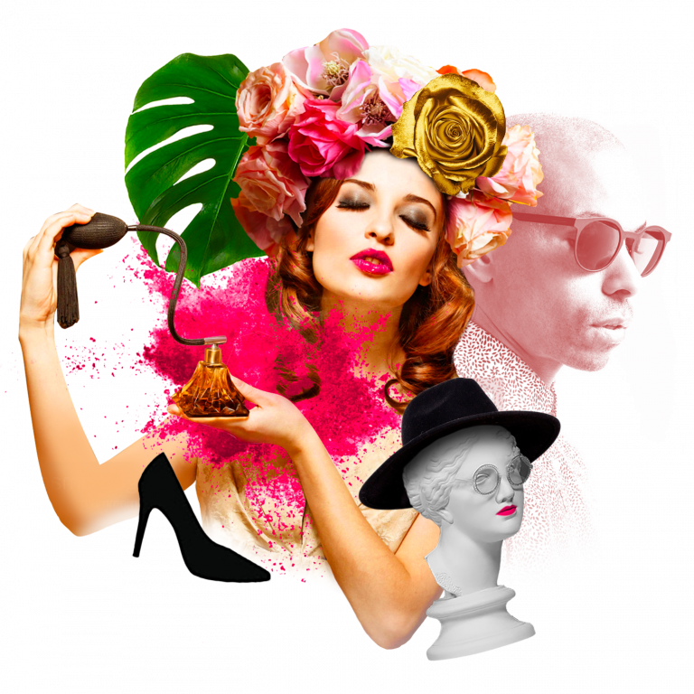 design of glamorous woman using pump perfume bottle and flowers