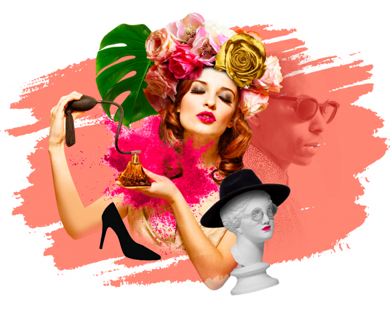 design of glamorous woman using pump perfume bottle and flowers