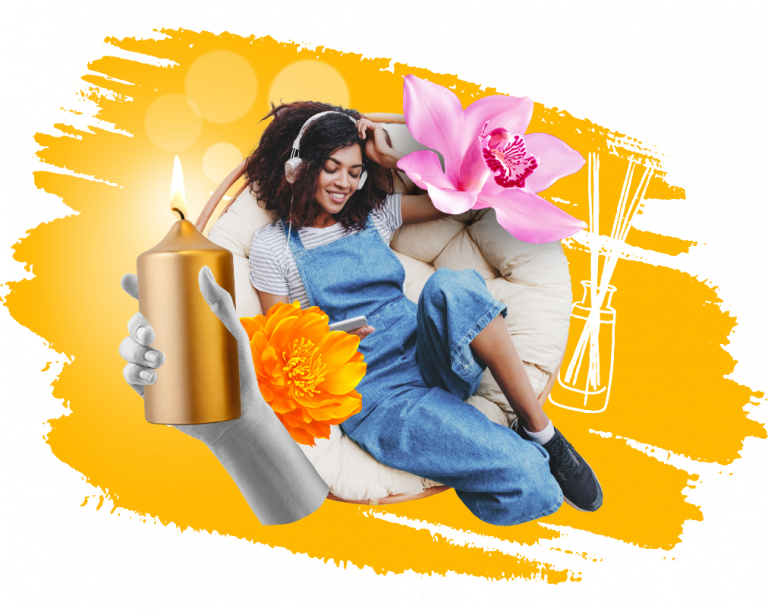 design of woman sitting in a comfy chair with added flowers and scented candles with yellow paint stroke background