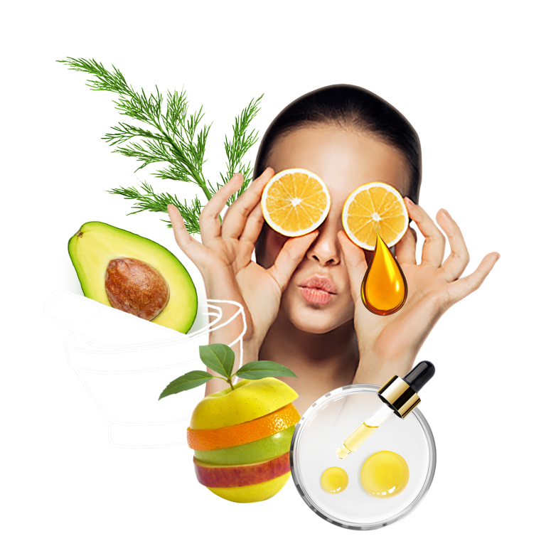 design of woman with therapeutic fruits and oils wth green avocado background