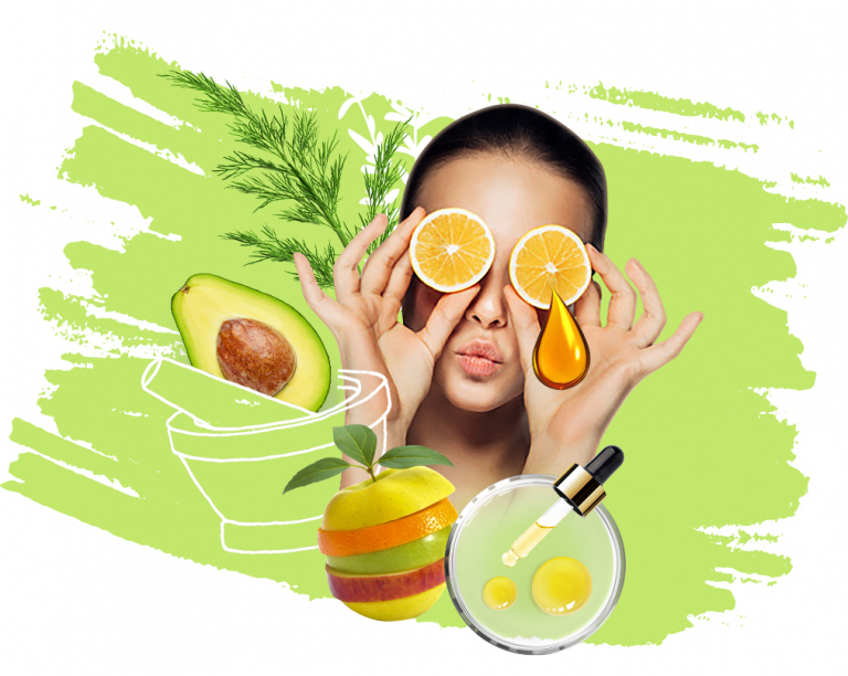 design of woman with therapeutic fruits and oils wth green avocado background