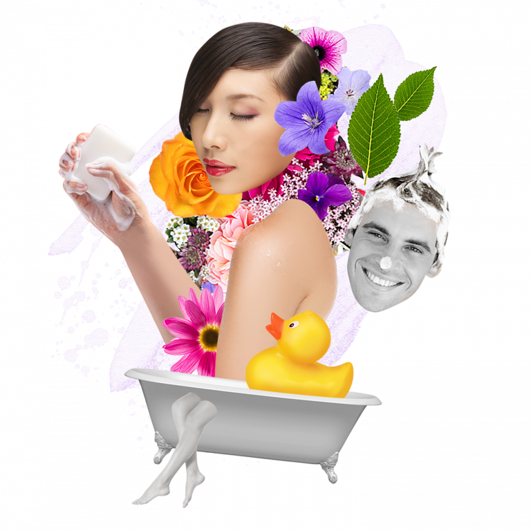 design of woman with soap and flowers in a bath 