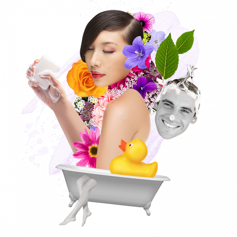 design of woman with soap and flowers in a bath