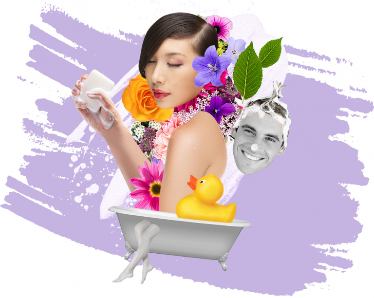 design of woman with soap and flowers in a bath