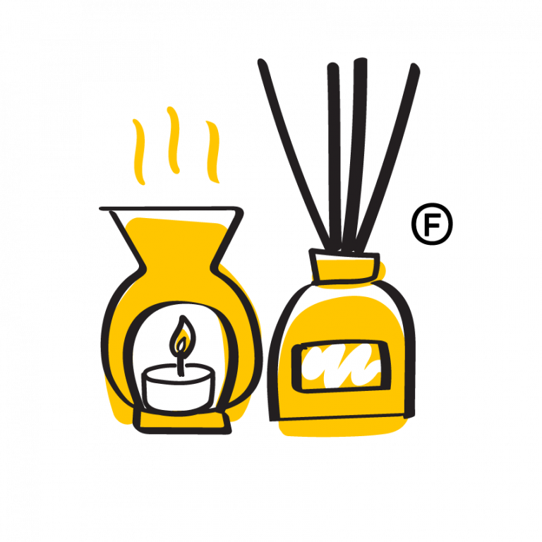 yellow illustration of: scented candle and essential oil reed diffuser